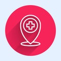 White line Medical map pointer with cross hospital icon isolated with long shadow. Red circle button. Vector