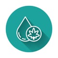 White line Medical marijuana or cannabis leaf olive oil drop icon isolated with long shadow. Cannabis extract. Hemp