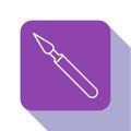 White line Medical surgery scalpel tool icon isolated on white background. Medical instrument. Purple square button