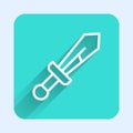 White line Medieval sword icon isolated with long shadow background. Medieval weapon. Green square button. Vector Royalty Free Stock Photo