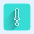 White line Medieval sword icon isolated with long shadow. Medieval weapon. Green square button. Vector Royalty Free Stock Photo