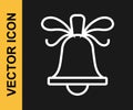 White line Merry Christmas ringing bell icon isolated on black background. Alarm symbol, service bell, handbell sign