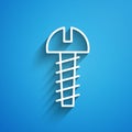 White line Metallic screw icon isolated on blue background. Long shadow