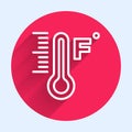 White line Meteorology thermometer measuring heat and cold icon isolated with long shadow. Temperature Fahrenheit. Red Royalty Free Stock Photo