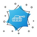 White line Military tank icon isolated on white background. Blue hexagon button. Vector Royalty Free Stock Photo
