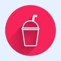 White line Milkshake icon isolated with long shadow. Plastic cup with lid and straw. Red circle button. Vector Royalty Free Stock Photo