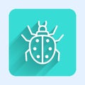 White line Mite icon isolated with long shadow. Green square button. Vector