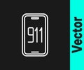 White line Mobile phone with emergency call 911 icon isolated on black background. Police, ambulance, fire department Royalty Free Stock Photo