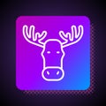White line Moose head with horns icon isolated on black background. Square color button. Vector
