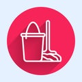 White line Mop and bucket icon isolated with long shadow. Cleaning service concept. Red circle button. Vector Royalty Free Stock Photo