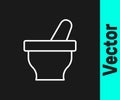 White line Mortar and pestle icon isolated on black background. Vector