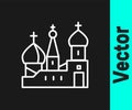 White line Moscow symbol - Saint Basil`s Cathedral, Russia icon isolated on black background. Vector Royalty Free Stock Photo