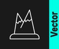 White line Mountains icon isolated on black background. Symbol of victory or success concept. Vector