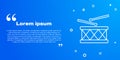 White line Musical instrument drum and drum sticks icon isolated on blue background. Vector Royalty Free Stock Photo