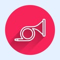 White line Musical instrument trumpet icon isolated with long shadow. Red circle button. Vector Royalty Free Stock Photo