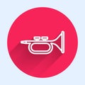 White line Musical instrument trumpet icon isolated with long shadow. Red circle button. Vector Royalty Free Stock Photo