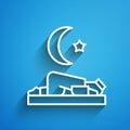 White line Muslim man prays on the carpet icon isolated on blue background. Long shadow. Vector