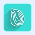 White line Mussel icon isolated with long shadow. Fresh delicious seafood. Green square button. Vector Royalty Free Stock Photo