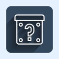White line Mystery box or random loot box for games icon isolated with long shadow background. Question mark. Unknown Royalty Free Stock Photo