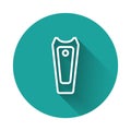 White line Nail cutter icon isolated with long shadow background. Nail clipper. Green circle button. Vector