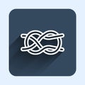 White line Nautical rope knots icon isolated with long shadow background. Rope tied in a knot. Blue square button Royalty Free Stock Photo
