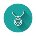 White line Necklace with peace symbol icon isolated with long shadow background. Hippie symbol of peace. Green circle