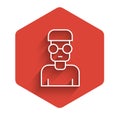 White line Nerd geek icon isolated with long shadow. Red hexagon button. Vector