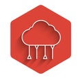 White line Network cloud connection icon isolated with long shadow. Social technology. Cloud computing concept. Red Royalty Free Stock Photo