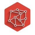 White line Neural network icon isolated with long shadow. Artificial Intelligence. Red hexagon button. Vector