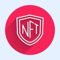 White line NFT shield icon isolated with long shadow background. Non fungible token. Digital crypto art concept. Red