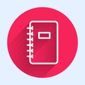 White line Notebook icon isolated with long shadow. Spiral notepad icon. School notebook. Writing pad. Diary for school