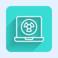White line Nuclear laptop icon isolated with long shadow background. Green square button. Vector Royalty Free Stock Photo