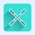 White line Oars or paddles boat icon isolated with long shadow background. Green square button. Vector