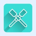 White line Oars or paddles boat icon isolated with long shadow background. Green square button. Vector