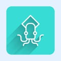 White line Octopus icon isolated with long shadow. Green square button. Vector