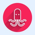 White line Octopus icon isolated with long shadow. Red circle button. Vector