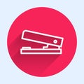 White line Office stapler icon isolated with long shadow. Stapler, staple, paper, cardboard, office equipment. Red