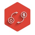 White line Oil exchange, water transfer, convert icon isolated with long shadow. Red hexagon button. Vector Illustration