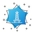 White line Oil rig with fire icon isolated on white background. Gas tower. Industrial object. Blue hexagon button Royalty Free Stock Photo
