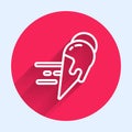 White line Online ordering and ice cream in waffle cone icon isolated with long shadow. Sweet symbol. Red circle button Royalty Free Stock Photo