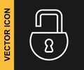 White line Open padlock icon isolated on black background. Opened lock sign. Cyber security concept. Digital data Royalty Free Stock Photo