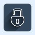 White line Open padlock icon isolated with long shadow background. Opened lock sign. Cyber security concept. Digital Royalty Free Stock Photo