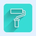 White line Paint roller brush icon isolated with long shadow background. Green square button. Vector Royalty Free Stock Photo