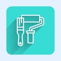White line Paint roller brush icon isolated with long shadow background. Green square button. Vector Royalty Free Stock Photo