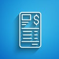 White line Paper or financial check icon isolated on blue background. Paper print check, shop receipt or bill. Long Royalty Free Stock Photo