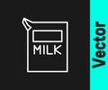 White line Paper package for milk icon isolated on black background. Milk packet sign. Vector Royalty Free Stock Photo