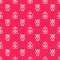 White line Paper shopping bag with recycle icon isolated seamless pattern on red background. Bag with recycling symbol Royalty Free Stock Photo