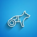 White line Paralyzed dog in wheelchair icon isolated on blue background. Long shadow. Vector