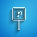 White line Parking icon isolated on blue background. Street road sign. Long shadow. Vector Royalty Free Stock Photo