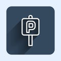 White line Parking icon isolated with long shadow background. Street road sign. Blue square button. Vector Royalty Free Stock Photo